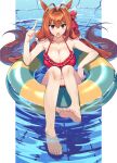  absurdres animal_ears bare_arms bare_back bare_shoulders barefoot breasts brown_eyes brown_hair commentary daiwa_scarlet_(umamusume) feet feet_up full_body hair_intakes highres horse_ears horse_girl huge_breasts large_breasts long_hair looking_at_viewer oenothera open_mouth red_eyes soles swimsuit twintails umamusume very_long_hair 