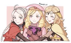  1boy 2girls ahoge bangs blonde_hair book braid circlet closed_eyes closed_mouth fire_emblem fire_emblem_fates forrest_(fire_emblem) grey_eyes hairband highres holding holding_book long_hair multiple_girls nina_(fire_emblem) open_mouth ophelia_(fire_emblem) peach11_01 twin_braids 