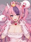  &gt;_&lt; 1girl artist_logo artist_name blush boo_(mario) cinderella_bust collar collarbone colored_tongue cosplay crown demon_girl demon_horns dress earrings elbow_gloves eyebrows_visible_through_hair eyes_visible_through_hair frilled_collar frilled_dress frilled_gloves frills ghost ghost_pose ghost_tail gloves hair_between_eyes heart_collar highres horns ironmouse jewelry long_hair long_tongue looking_at_viewer low_neckline mini_crown multicolored_hair pink_hair pointy_ears princess_king_boo princess_king_boo_(cosplay) purple_hair sharp_teeth sidelocks solo streaked_hair super_crown tako_yuui teeth tongue tongue_out two-tone_hair two_side_up upper_body very_long_hair violet_eyes virtual_youtuber vshojo white_dress white_gloves white_horns 