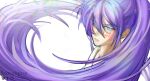  1boy artist_name bishounen blue_eyes commentary english_commentary facial_tattoo faiweiqing floating_hair glint highres instagram_logo kamui_gakupo lips long_hair looking_at_viewer male_focus number_tattoo ponytail purple_hair solo tattoo tumblr_logo twitter_logo upper_body very_long_hair vocaloid white_background 
