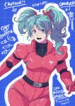  1girl bangs blue_hair butcherboy char&#039;s_counterattack english_text fangs flat_chest gloves grid gundam hair_behind_ear looking_at_viewer open_mouth pilot_suit quess_paraya red_gloves smile solo twintails uneven_twintails violet_eyes 