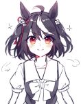  &gt;:) 1girl animal_ears bangs black_hair blush bow closed_mouth eyebrows_visible_through_hair flower hair_between_eyes hair_flower hair_ornament horse_ears kitasan_black looking_at_viewer multicolored_hair ouri_(aya_pine) puffy_short_sleeves puffy_sleeves red_eyes school_uniform shirt short_sleeves simple_background smile solo streaked_hair tracen_school_uniform two_side_up umamusume upper_body v-shaped_eyebrows white_background white_flower white_hair 