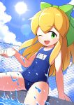  1girl absurdres arm_up blonde_hair blue_swimsuit bow chain-link_fence clouds covered_navel fence green_eyes hair_bow highres hondaranya legs_apart long_hair mega_man_(series) one-piece_swimsuit one_eye_closed open_mouth outdoors ponytail ribbon roll_(mega_man) school_swimsuit sitting sky smile solo sun swimsuit thighs 