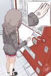 1girl ahoge beni_shake black_footwear brown_hair coin commentary_request grey_hoodie holding hood hood_down hoodie long_sleeves money original red_shorts shoes short_shorts shorts signature solo vending_machine 