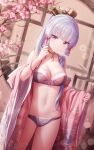  1girl bare_shoulders bra breasts cherry_blossoms choker cowboy_shot genshin_impact grey_bra grey_panties hair_ornament highres japanese_clothes kamisato_ayaka lingerie long_hair looking_at_viewer medium_breasts navel off_shoulder open_clothes panties ponytail rimuu silver_hair smile solo standing stomach underwear violet_eyes wide_sleeves 