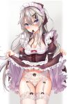  1girl 9a-91_(girls_frontline) absurdres apron blue_eyes breasts clothes_lift dress dress_lift frilled_apron frills garter_belt girls_frontline highres juliet_sleeves lifted_by_self long_hair long_sleeves maid maid_headdress official_alternate_costume panties ponytail puffy_sleeves silver_hair small_breasts so_myeolchi solo underwear waist_apron white_apron white_legwear white_panties 