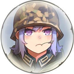  1girl bangs border camouflage camouflage_helmet closed_mouth company_of_heroes german_army hair_between_eyes hat helmet long_hair lowres military military_hat military_jacket military_uniform mouth_hold original portrait purple_hair solo stalk_in_mouth uniform violet_eyes world_war_ii zhainan_s-jun 