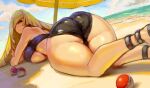  1girl ass beach bikini black_bikini blonde_hair blush breasts day from_behind green_eyes hair_over_one_eye huge_breasts kazo long_hair looking_at_viewer looking_back lusamine_(pokemon) lying on_stomach pokemon pokemon_(game) pokemon_sm shiny shiny_hair shiny_skin smile solo swimsuit thighs under_boob very_long_hair 