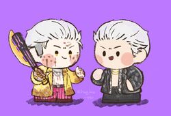  2boys black_eyes black_shirt blood blood_on_face bloody_clothes brass_knuckles chibi crossover gold_necklace hagino_490 hak_ji-woon han_joon-gi hand_in_pocket highres holding holding_weapon male_focus multiple_boys open_clothes open_shirt pants pink_pants ryuu_ga_gotoku ryuu_ga_gotoku_6 shirt short_hair silver_hair silver_neckwear striped striped_pants trait_connection twitter_username weapon yellow_eyes yellow_shirt 
