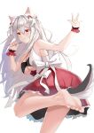  1girl absurdres animal_ear_fluff azur_lane ban_tang bow breasts from_behind hair_bow highres large_breasts leg_up long_hair looking_at_viewer looking_back red_eyes red_skirt simple_background skirt solo tail white_background white_bow white_hair wrist_cuffs yuudachi_(azur_lane) 