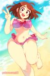  1girl ass_visible_through_thighs beach bikini blush_stickers boku_no_hero_academia breasts brown_eyes brown_hair highres navel rtil short_hair sidelocks solo summer swimsuit thick_eyebrows uraraka_ochako v wide_hips 