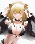  1girl animal_ears arknights armpits bangs bare_shoulders bikini black_bikini black_choker black_jacket blonde_hair breasts brown_eyes chestnut_mouth choker commentary_request eyebrows_visible_through_hair front-tie_bikini front-tie_top hair_between_eyes hands_up highres jacket large_breasts lion_ears long_hair looking_at_viewer lying navel on_back open_clothes open_jacket side-tie_bikini siege_(arknights) signature slaz solo stomach swimsuit thighs upper_body 