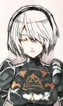  1girl black_hairband breasts closed_eyes closed_mouth clothing_cutout dress hairband highres murata_tefu nier_(series) nier_automata puffy_short_sleeves puffy_sleeves short_hair short_sleeves silver_hair simple_background solo yorha_no._2_type_b 