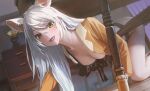  1girl :d absurdres all_fours animal_ears bakemonogatari bakeneko bangs black_bra black_hanekawa black_panties bra breasts butter_squid cat_ears crawling fangs hair_between_eyes hanekawa_tsubasa highres large_breasts long_hair looking_at_viewer monogatari_(series) nekomonogatari no_pants open_mouth pajamas panties smile solo tongue tongue_out under_table underwear white_hair yellow_eyes 