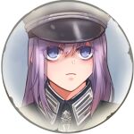  1girl bangs blue_eyes border closed_mouth company_of_heroes german_army hair_between_eyes hat long_hair lowres medal military military_hat military_uniform original portrait purple_hair shaded_face solo uniform world_war_ii zhainan_s-jun 