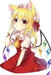  1girl absurdres animal_ears arm_ribbon artist_name bangs bell blonde_hair bow cat_ears closed_mouth collar crystal dress eyebrows_visible_through_hair flandre_scarlet hair_between_eyes hand_up hat hat_ribbon highres jewelry mob_cap multicolored multicolored_wings one_side_up puffy_short_sleeves puffy_sleeves red_bow red_dress red_eyes red_ribbon ribbon ruhika shirt short_hair short_sleeves simple_background smile solo touhou twitter_username white_background white_bow white_headwear white_shirt wings yellow_neckwear 