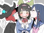  3girls :d bangs black_jacket blue_shirt blush bow breasts chabashira_tenko choker collarbone commentary_request dangan_ronpa:_trigger_happy_havoc dangan_ronpa_(series) dangan_ronpa_v3:_killing_harmony from_side green_eyes grey_background hair_ornament hairband hairclip hat hat_ornament heart heart-shaped_pupils index_fingers_together jacket jian_jing large_breasts looking_at_another maizono_sayaka multiple_girls open_mouth outline pink_bow pink_choker pink_hairband pointy_nose redhead sailor_collar saliva shirt short_hair smile star_(symbol) star_hat_ornament symbol-shaped_pupils thought_bubble translation_request upper_body white_bow white_outline white_shirt witch_hat yumeno_himiko yuri 