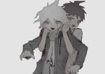  2boys :d collarbone commentary_request crazy_eyes dangan_ronpa_(series) dangan_ronpa_2:_goodbye_despair denri grey_background greyscale highres hinata_hajime holding_another jacket komaeda_nagito long_sleeves looking_at_viewer male_focus messy_hair monochrome multiple_boys open_clothes open_jacket open_mouth print_shirt shirt short_hair simple_background sketch smile upper_body 