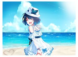  1girl 6_(yuchae) :d antenna_hair bangs bare_shoulders beach blue_butterfly blue_hair blue_sky bug butterfly closed_eyes clouds cloudy_sky dress hair_between_eyes hair_ornament hat heart holding_hands honkai_(series) honkai_impact_3rd insect ocean open_mouth outdoors sand seele_vollerei seele_vollerei_(swallowtail_phantasm) short_hair sky smile summer summer_uniform sundress white_dress white_headwear yellow_butterfly 