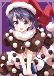  1girl bangs blue_eyes blue_hair book brown_dress brown_sleeves doremy_sweet dress eyebrows_visible_through_hair hair_between_eyes hat highres holding looking_at_viewer open_mouth pom_pom_(clothes) purple_background red_headwear ruu_(tksymkw) short_hair short_sleeves simple_background smile solo touhou white_dress 