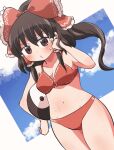  1girl ball bangs bare_shoulders bikini blue_sky blush bow bra breasts brown_eyes brown_hair closed_mouth clouds cloudy_sky eyebrows_visible_through_hair hair_between_eyes hair_tubes hakurei_reimu hand_on_hip hand_up highres holding looking_at_viewer medium_breasts navel orb panties ponytail red_bikini red_bow red_bra red_panties rokugou_daisuke short_hair sky solo standing stomach swimsuit touhou underwear white_background yin_yang yin_yang_orb 