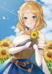  absurdres belt blonde_hair blue_eyes braid cape capelet circlet commission commissioner_upload corset fire_emblem fire_emblem_warriors flower frilled_skirt frills hair_flower hair_ornament hairpin highres holding_to_chest lianna_(fire_emblem) nerua princess sash short_hair skirt smile sunflower sunflower_hair_ornament tiara 