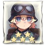  1girl backpack bag bangs blonde_hair blue_eyes closed_mouth company_of_heroes german_army goggles goggles_on_head hair_between_eyes hat lowres military military_hat military_uniform original portrait short_hair solo star_(symbol) uniform v-shaped_eyebrows world_war_ii zhainan_s-jun 