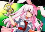  1girl :d animal_ears bangs black_outline collared_shirt eyebrows_visible_through_hair gradient gradient_background green_background gun holding holding_gun holding_weapon long_hair looking_at_viewer lunatic_gun necktie open_mouth outline pink_hair pink_skirt puffy_short_sleeves puffy_sleeves qqqrinkappp rabbit_ears red_neckwear reisen_udongein_inaba shirt short_sleeves skirt smile solo touhou traditional_media upper_body weapon white_shirt yellow_eyes 