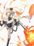  1girl :q arknights bangs black_footwear blonde_hair boots breasts canister choker cloak dress eyebrows_visible_through_hair fire flamethrower flat_chest foot_out_of_frame gas_tank gradient_hair grey_dress grey_hair gun hand_up highres holding holding_gun holding_weapon horns ifrit_(arknights) infection_monitor_(arknights) leg_strap looking_at_viewer low_twintails multicolored_hair orange_eyes parted_bangs short_dress sidelocks solo striped striped_dress tail thigh_strap toeless_footwear tongue tongue_out twintails wagachop weapon white_background white_cloak 