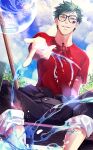  1boy belt black_pants blush clouds club_(shape) day facial_mark gem glasses green_hair grin kurosakiinu looking_at_viewer male_focus outdoors pants pants_rolled_up red_shirt ruby_(gemstone) shirt short_hair sky smile solo trey_clover twisted_wonderland water yellow_eyes 