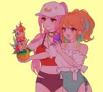  2girls alternate_costume alternate_hairstyle baseball_cap cellphone earrings feather_earrings feathers gradient_hair hair_through_headwear hat holding holding_phone hololive hololive_english jewelry mamaloni mori_calliope multicolored_hair multiple_girls orange_hair phone pink_hair ponytail red_eyes red_nails smartphone swimsuit takanashi_kiara taking_picture violet_eyes virtual_youtuber yuri 