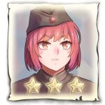  +_+ 1girl bangs brown_headwear closed_mouth company_of_heroes hair_between_eyes hat lowres military military_hat military_jacket military_uniform original red_eyes redhead solo soviet soviet_army star_(symbol) thick_eyebrows uniform v-shaped_eyebrows world_war_ii zhainan_s-jun 