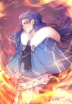  1boy abs belt blue_hair bracelet braid capelet cu_chulainn_(caster)_(fate) cu_chulainn_(fate)_(all) earrings english_commentary fate/grand_order fate_(series) fire floating_hair fur-trimmed_hood fur_trim grin holding holding_staff hood hood_down hooded_capelet jewelry long_hair looking_at_viewer male_focus multiple_earrings muscular muscular_male nikainfinity red_eyes skin_tight smile solo staff wooden_staff 