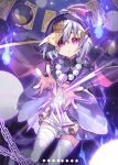  1girl aura bangs bead_necklace beads chain coin_hair_ornament dress genshin_impact ghost hair_between_eyes hat jewelry jiangshi looking_at_viewer multicolored multicolored_background necklace purple_dress purple_hair qing_guanmao qiqi_(genshin_impact) sal thigh-highs violet_eyes wide_sleeves 