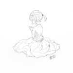  1girl back character_request dated dress ejami monochrome original short_hair short_twintails signature simple_background solo twintails white_background 