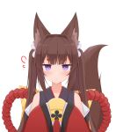  1girl absurdres amagi-chan_(azur_lane) animal_ears azur_lane ball bangs blunt_bangs blush brown_hair commentary eyebrows_visible_through_hair eyeshadow flying_sweatdrops fox_ears fox_girl fox_tail highres holding holding_ball kitsune long_hair long_sleeves looking_at_viewer makeup off-shoulder_kimono off_shoulder rope shasha_(shasha159357) shimenawa sidelocks simple_background solo tail thick_eyebrows twintails violet_eyes white_background wide_sleeves 