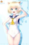  1girl absurdres alternate_costume animal_ears armpits ash_arms b-4_(ash_arms) blonde_hair blue_eyes blush breasts c-clock cat_ears character_name commentary_request fangs highres open_mouth school_swimsuit short_hair small_breasts solo swimsuit translated v 