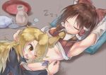  2girls absurdres alcohol armpits bangs black_jacket blonde_hair blush bottle breasts brown_hair commentary_request cup detached_sleeves drunk eyebrows_visible_through_hair eyes_visible_through_hair hair_between_eyes hakurei_reimu head_on_another&#039;s_stomach highres jacket kirisame_marisa kitsune_kemono long_hair medium_hair multiple_girls necktie one_eye_closed open_mouth pillow red_shirt sakazuki sake sake_bottle shirt sleeping small_breasts touhou under_boob upper_body white_shirt white_sleeves yellow_eyes yellow_neckwear yuri zzz 