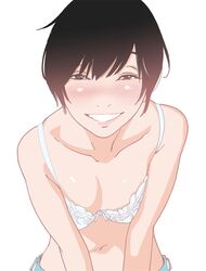  1girl black_hair blue_pants blush bra breasts commentary_request eyebrows_behind_hair kishi_torajirou original pants shadow short_hair simple_background smile solo teeth underwear white_background white_bra 