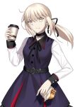  1girl artoria_pendragon_(all) belt belt_buckle breasts buckle choker cowboy_shot dress eyebrows_visible_through_hair eyes_visible_through_hair fate/stay_night fate_(series) hair_between_eyes highres holding long_sleeves looking_at_viewer mishiro_(ixtlolton) ponytail saber_alter simple_background small_breasts solo white_background 