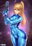  1girl bangs blonde_hair blue_bodysuit bodysuit breasts closed_mouth commentary_request covered_navel cowboy_shot english_commentary expressionless eyebrows_visible_through_hair finger_on_trigger green_eyes gun hair_between_eyes high_ponytail highres holding holding_gun holding_weapon large_breasts legs_together long_hair looking_at_viewer masamune_oekaki metroid ponytail samus_aran shiny shiny_clothes shiny_hair sidelocks solo standing star_(sky) swept_bangs twitter_username weapon zero_suit 