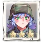  1girl bangs camouflage camouflage_helmet camouflage_jacket closed_mouth company_of_heroes german_army green_eyes hair_between_eyes hat helmet jacket lowres medium_hair military military_hat military_jacket military_uniform mole mole_under_mouth original purple_hair solo star_(symbol) uniform v-shaped_eyebrows world_war_ii zhainan_s-jun 