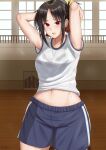  1girl absurdres armpits arms_behind_head arms_up ball bangs black_bra black_hair bra gym gym_shorts gym_uniform highres holding holding_ball indoors kaguya-sama_wa_kokurasetai_~tensai-tachi_no_renai_zunousen~ midriff_peek navel red_eyes see-through shinomiya_kaguya shirt short_sleeves shorts spiritsprite sweat sweaty_clothes underwear volleyball white_shirt 