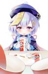  1girl absurdres blush coin_hair_ornament cup dress drink drinking_straw dymao food french_fries genshin_impact hair_between_eyes hat highres holding holding_cup holding_drink ketchup looking_at_viewer purple_dress purple_hair qing_guanmao qiqi_(genshin_impact) upper_body violet_eyes 