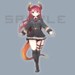  1girl belt boots breasts character_request closed_mouth ejami horns long_hair looking_at_viewer original redhead sample simple_background single_horn skirt smile solo tail thigh-highs yellow_eyes 