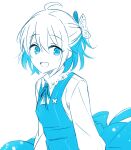  1girl 6_(yuchae) :d antenna_hair bangs blue_dress blue_eyes blue_hair blue_theme dress hair_between_eyes hair_ornament honkai_(series) honkai_impact_3rd long_sleeves looking_at_viewer monochrome open_mouth seele_vollerei short_hair simple_background sketch smile solo white_background 