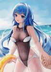  1girl alternate_costume azur_lane black_swimsuit blue_eyes blue_hair blurry blurry_background breasts comeback_magnum covered_navel highleg highleg_swimsuit highres holding holding_hands holding_innertube impossible_clothes impossible_swimsuit innertube large_breasts long_hair looking_at_viewer new_jersey_(azur_lane) one-piece_swimsuit panties panties_under_swimsuit see-through skin_tight swimsuit underwear very_long_hair white_panties yellow_innertube 