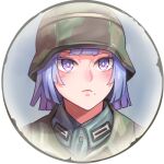  1girl bangs border camouflage camouflage_helmet camouflage_jacket closed_mouth company_of_heroes german_army hair_between_eyes hat helmet jacket lowres military military_hat military_jacket military_uniform mole mole_under_mouth original purple_hair short_hair solo uniform v-shaped_eyebrows violet_eyes world_war_ii zhainan_s-jun 