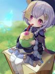  1girl absurdres bead_necklace beads blush coconut coin_hair_ornament dress drinking drinking_straw drinking_straw_in_mouth genshin_impact hair_between_eyes highres jewelry jiangshi long_sleeves miura_dogu_(user_jfpz7573) necklace outdoors purple_dress purple_hair qiqi_(genshin_impact) sitting solo thigh-highs violet_eyes 
