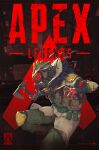  1other absurdres ambiguous_gender apex_legends axe bloodhound_(apex_legends) brown_jacket cable copyright_name eep167389 from_side fur_trim gloves goggles helmet highres holding holding_axe jacket knee_pads logo looking_ahead mask mouth_mask open_hand red_gloves 
